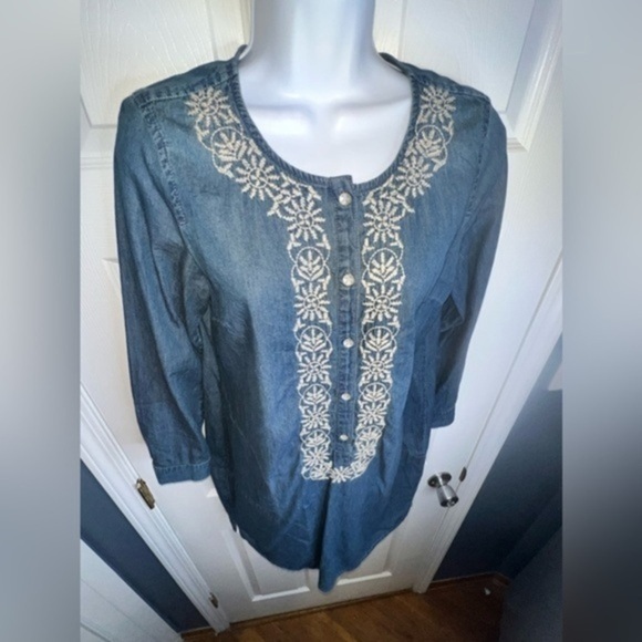 J. Jill Petites Small Blue Chambray Long Sleeve Embroidered Tunic Dress SP - Picture 1 of 13
